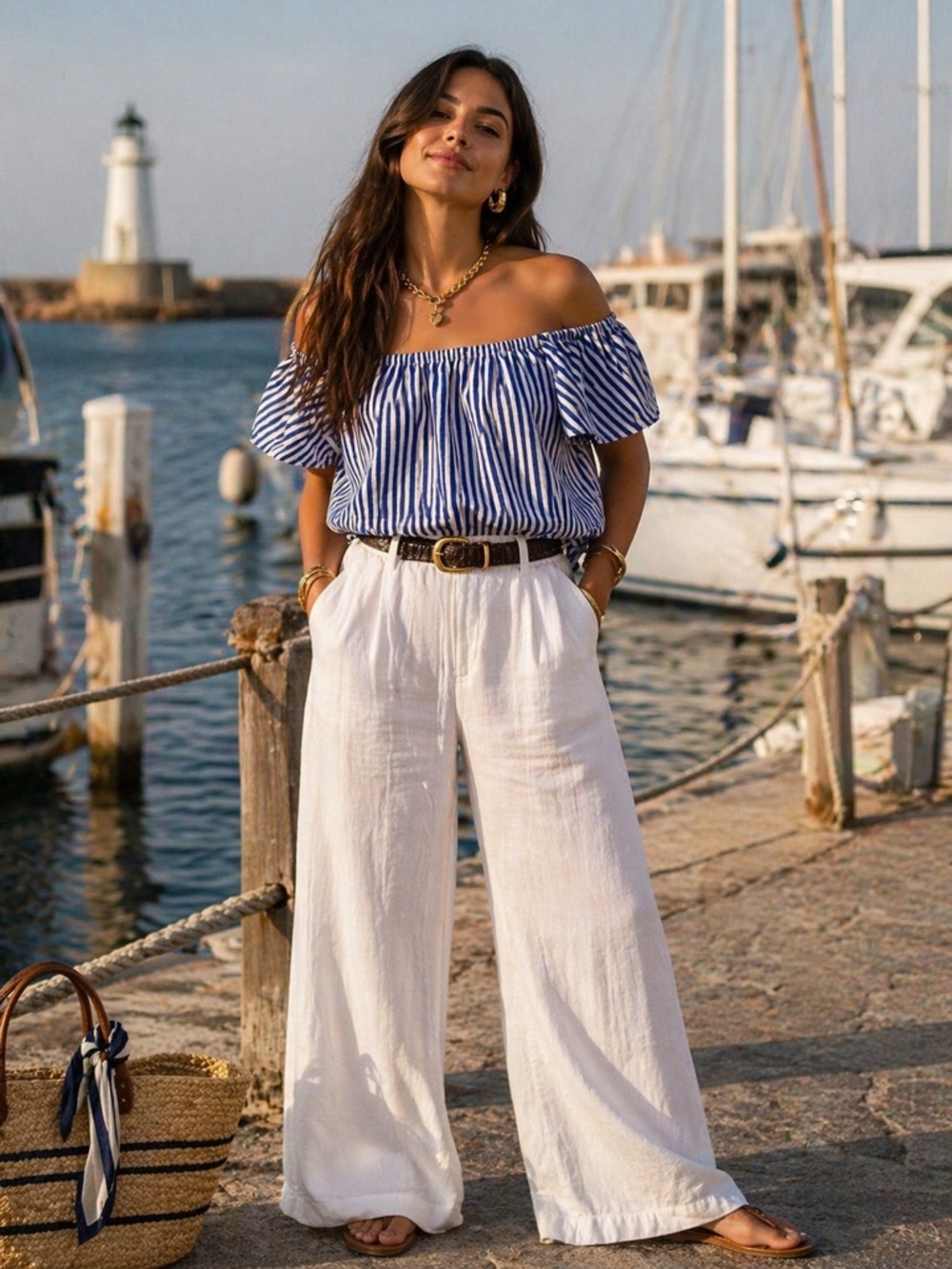 Zaka Women 100% Cotton Striped Off-Shoulder Blue Blouse